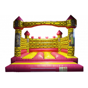 Pomppulinna Camelot 21m² vaaleanpunainen ja keltainen